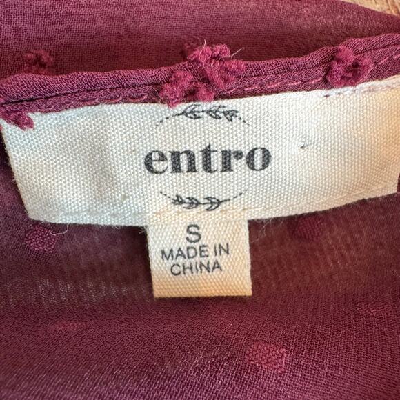 Entro Burgundy Swiss Dot Sheer Feminine Babydoll Flutter Sleeve Blouse Small - Picture 6 of 7
